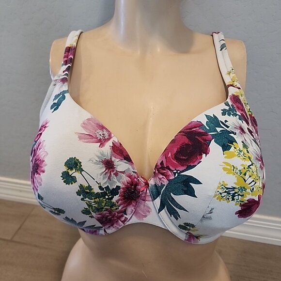 Cacique Lightly Lined T-Shirt Bra 40DDD White Roses Floral Underwire - Picture 1 of 4